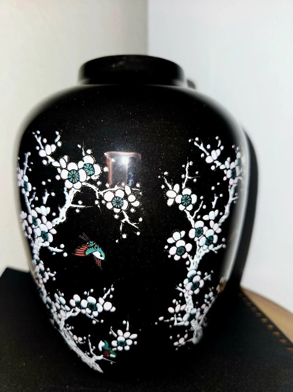 Black Floral Cloisonné Vase with Teal & Pink Bird Motif